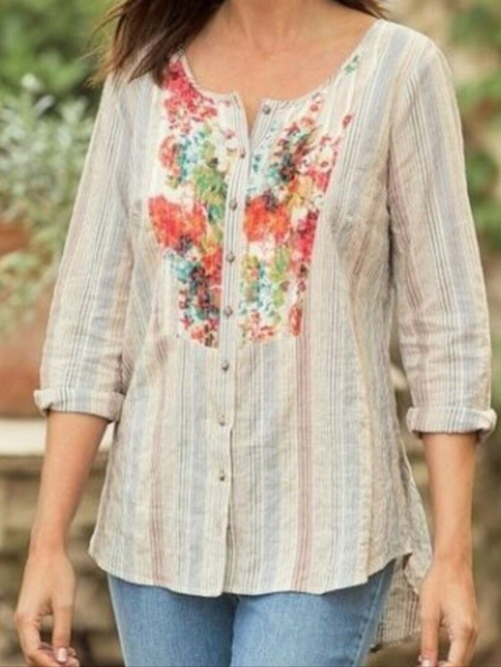 Aratta Silent Journey Anthropologie Stripe & Floral Relaxed Shirt Size Small